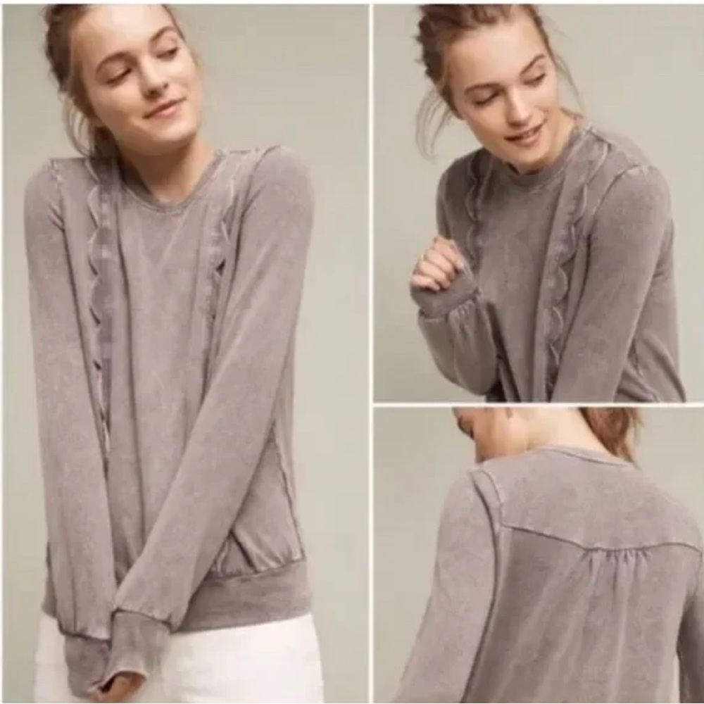 Anthropologie Erin + Ali Gray Ruffled Long Sleeve sweatshirt size Medium